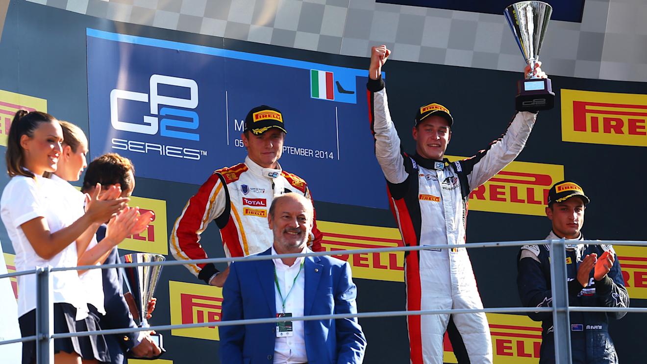Race one podium (L to R): Second placed Arthur Pic (FRA) Campos Racing, race winner Stoffel Vandoorne (BEL) ART Grand Prix and third placed Mitch Evans (NZL) Russian Time celebrate on the podium. GP2 Series, Rd9, Monza, Italy, 6-7 September 2014. © Sutton Images. No reproduction without permission