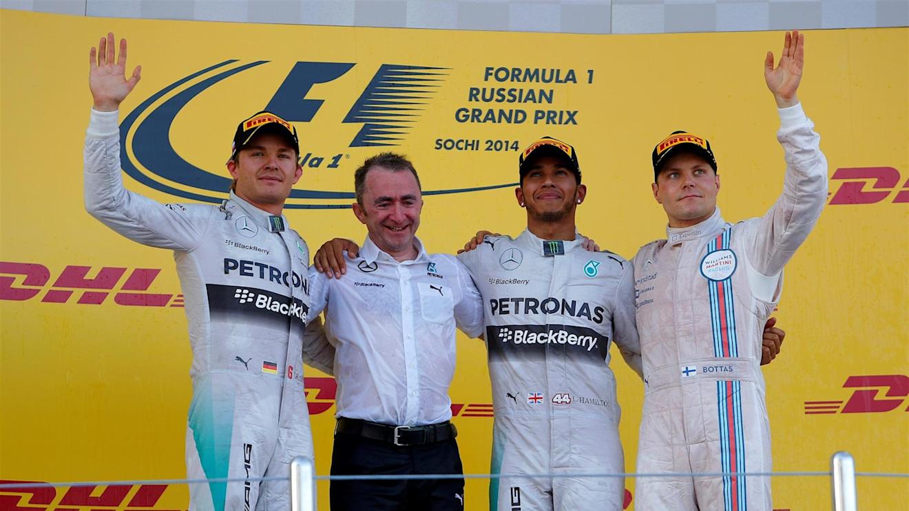 Podium and results: 1st Lewis Hamilton (GBR) Mercedes AMG F1, centre right. 2nd Nico Rosberg (GER) Mercedes AMG F1, left. 3rd Valtteri Bottas (FIN) Williams Martini Racing, right. Paddy Lowe (GBR) Mercedes AMG F1 Executive Director (Technical), centre left. Formula One World Championship, Rd16, Russian Grand Prix, Race, Sochi Autodrom, Sochi, Krasnodar Krai, Russia, Sunday, 12 October 2014