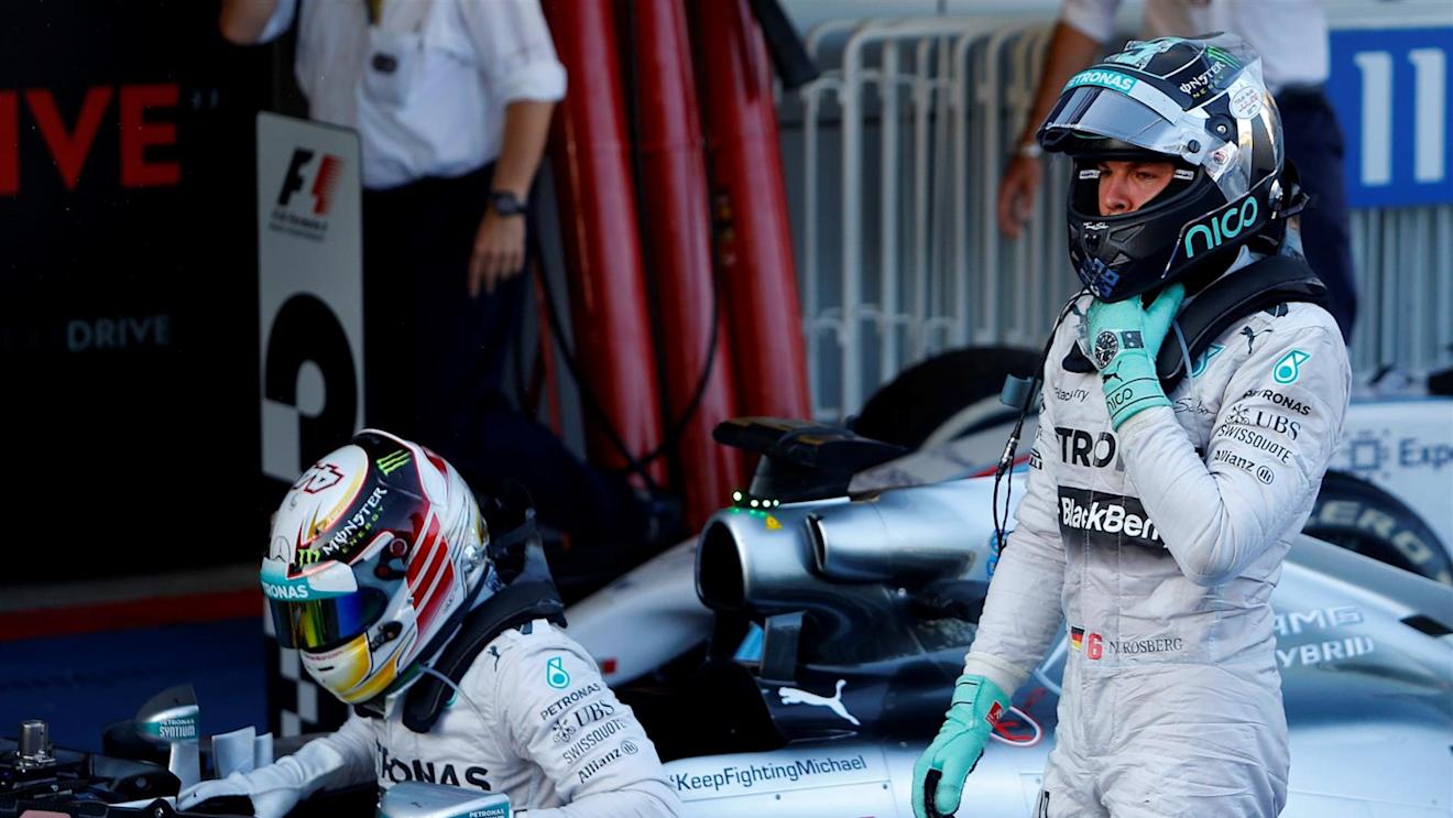 Race winner Lewis Hamilton (GBR) Mercedes AMG F1 W05 and Nico Rosberg (GER) Mercedes AMG F1 in parc ferme. Formula One World Championship, Rd16, Russian Grand Prix, Race, Sochi Autodrom, Sochi, Krasnodar Krai, Russia, Sunday, 12 October 2014