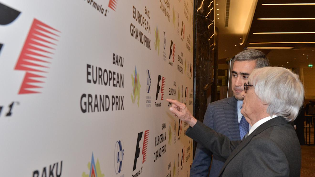 Formula One group CEO Bernie Ecclestone and Anar Alakbarov, Executive Director of the Heydar Aliyev Foundation and the president of Azerbaijan Automobile Federation, at the unveiling of the layout of the exciting new Hermann Tilke-designed Baku European Grand Prix street circuit at a special press event in Baku, Azerbaijan, October 7, 2014 © Baku Grand Prix