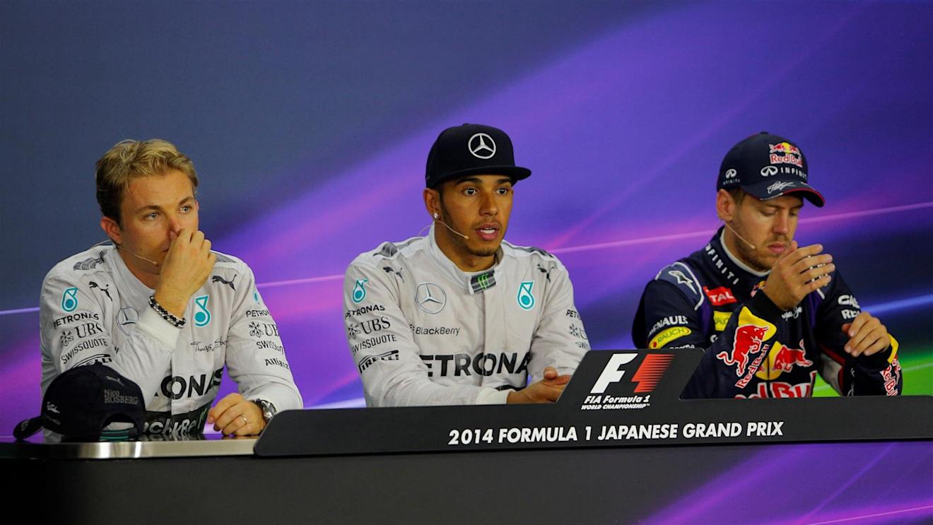 (L to R): Nico Rosberg (GER) Mercedes AMG F1, Lewis Hamilton (GBR) Mercedes AMG F1 and Sebastian Vettel (GER) Red Bull Racing in the Press Conference. Formula One World Championship, Rd15, Japanese Grand Prix, Race, Suzuka, Japan, Sunday, 5 October 2014