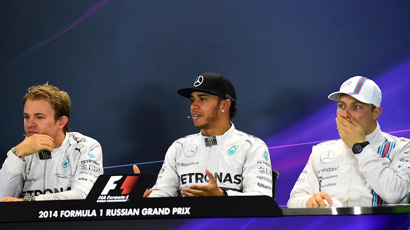 (L to R): Nico Rosberg (GER) Mercedes AMG F1, Lewis Hamilton (GBR) Mercedes AMG F1 and Valtteri Bottas (FIN) Williams in the Press Conference. Formula One World Championship, Rd16, Russian Grand Prix, Qualifying, Sochi Autodrom, Sochi, Krasnodar Krai, Russia, Saturday, 11 October 2014