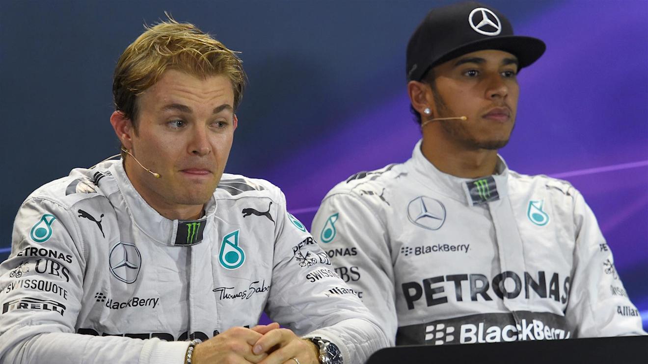 Nico Rosberg (GER) Mercedes AMG F1 and Lewis Hamilton (GBR) Mercedes AMG F1 in the Press Conference. Formula One World Championship, Rd16, Russian Grand Prix, Qualifying, Sochi Autodrom, Sochi, Krasnodar Krai, Russia, Saturday, 11 October 2014