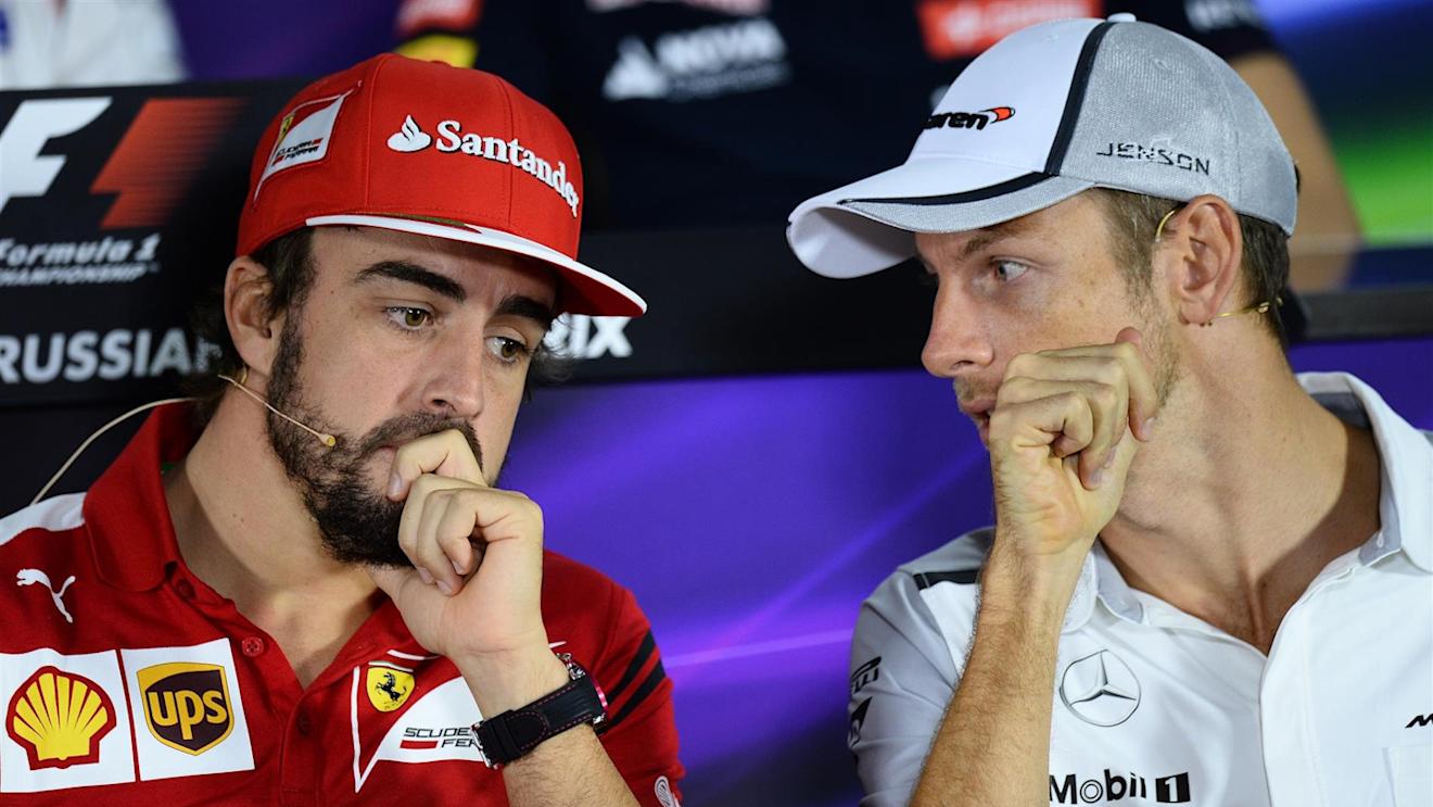 (L to R): Fernando Alonso (ESP) Ferrari and Jenson Button (GBR) McLaren in the Press Conference. Formula One World Championship, Rd16, Russian Grand Prix, Preparations, Sochi Autodrom, Sochi, Krasnodar Krai, Russia, Thursday, 9 October 2014. © Sutton Images