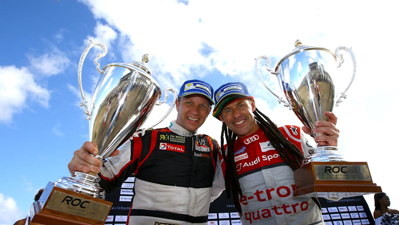 Petter Solberg and Tom Kristensen celebrate their Team Nordic victory in the Nations Cup. Race of Champions, Bushy Park circuit, Barbados, 13-14 December 2014. © Race of Champions