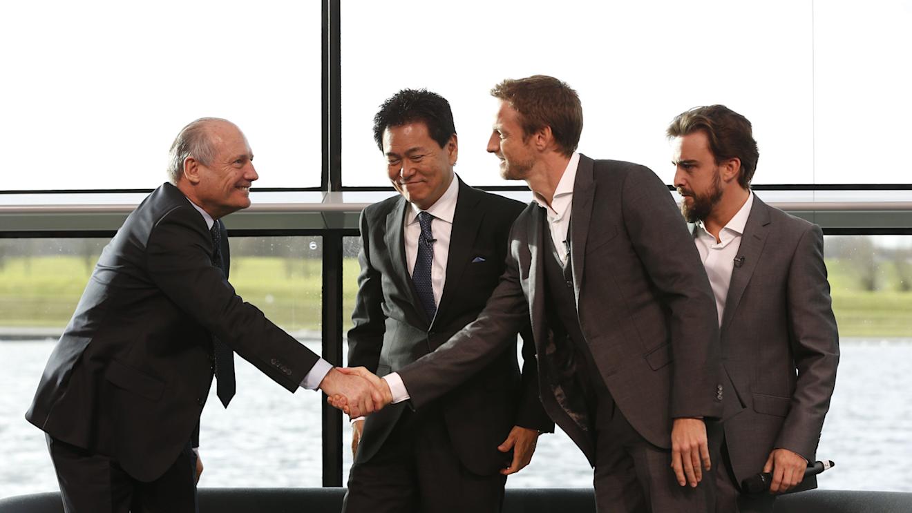 McLaren 2015 driver announcement - Ron Dennis, Arai-San, Fernando Alonso, Jenson Button © McLaren