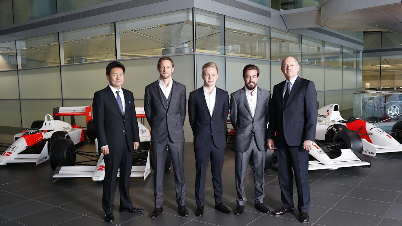 McLaren announce their 2015 driver line-up, Woking, UK, December 11, 2014: (L to R) Yasuhisa Arai (Senior Managing Officer, Honda R&D Co Ltd; Chief Officer of Motorsport, Honda), Jenson Button, Kevin Magnussen, Fernando Alonso, Ron Dennis (Chairman & Chief Executive Officer, McLaren). © McLaren