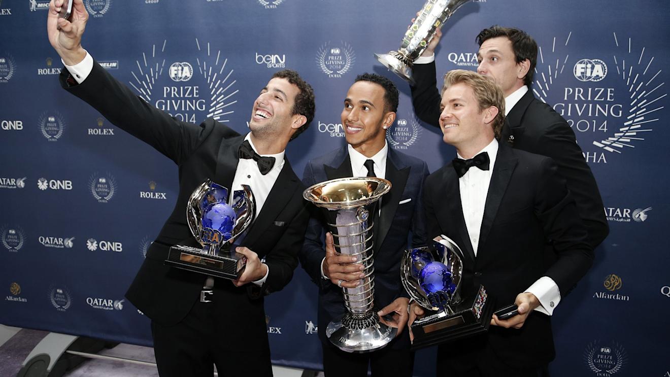 (L to R) Red Bull's Daniel Ricciardo, Mercedes' Lewis Hamilton, Nico Rosberg and Toto Wolff during the FIA Prize Giving 2014 on December 5th 2014, at Doha, Qatar. © Jean Michel Le Meur / DPPI