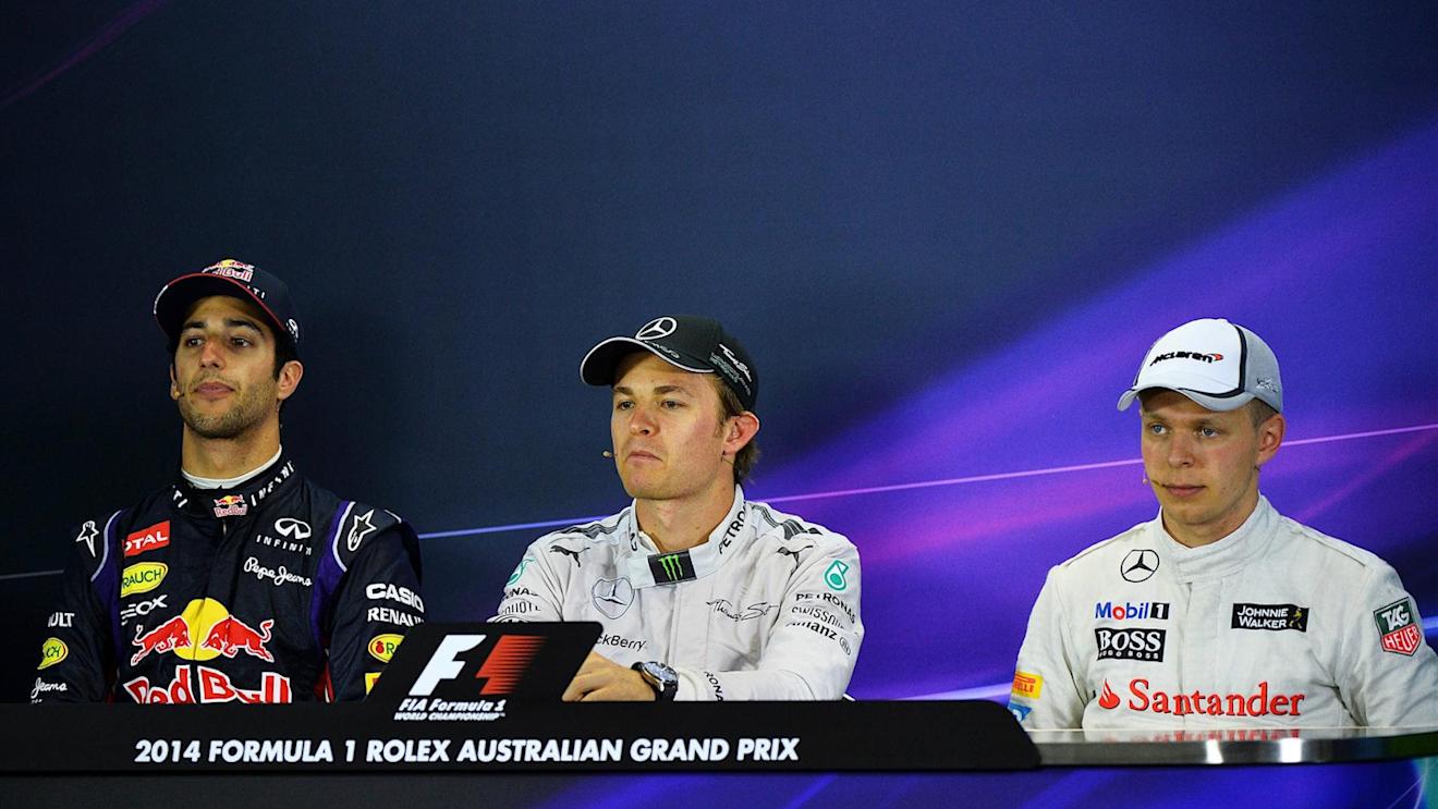 Press Conference and results: 1st Nico Rosberg (GER) Mercedes AMG F1, centre. 2nd Daniel Ricciardo (AUS) Red Bull Racing, left. 3rd Kevin Magnussen (DEN) McLaren, right. Formula One World Championship, Rd1, Australian Grand Prix, Race, Albert Park, Melbourne, Australia, Sunday, 16 March 2014. © Sutton Images
