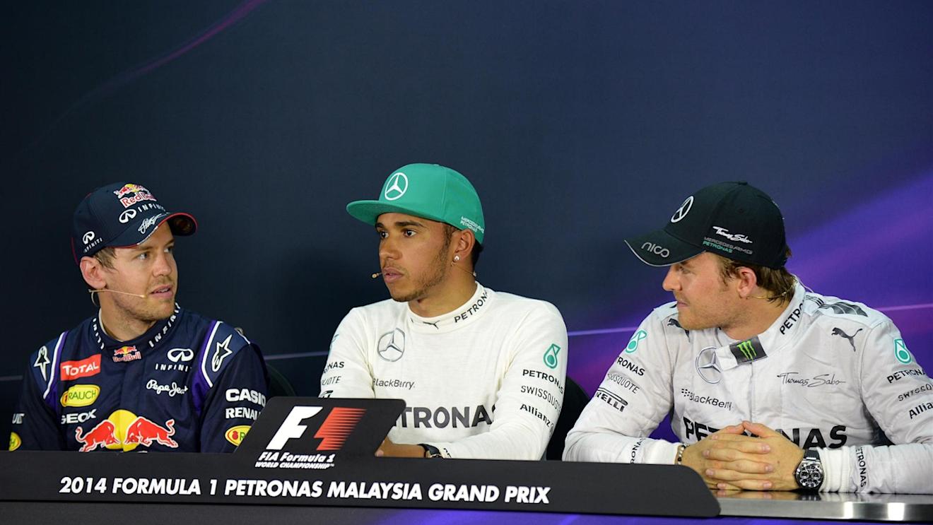 Press Conference and qualifying results: 1st Lewis Hamilton (GBR) Mercedes AMG F1, centre. 2nd Sebastian Vettel (GER) Red Bull Racing, left. 3rd Nico Rosberg (GER) Mercedes AMG F1, right. Formula One World Championship, Rd2, Malaysian Grand Prix, Qualifying, Sepang, Malaysia, Saturday, 29 March 2014. © Sutton Images