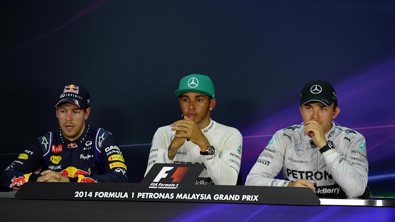 Press Conference (L to R): Sebastian Vettel (GER) Red Bull Racing, pole sitter Lewis Hamilton (GBR) Mercedes AMG F1 and Nico Rosberg (GER) Mercedes AMG F1. Formula One World Championship, Rd2, Malaysian Grand Prix, Qualifying, Sepang, Malaysia, Saturday, 29 March 2014. © Sutton Images