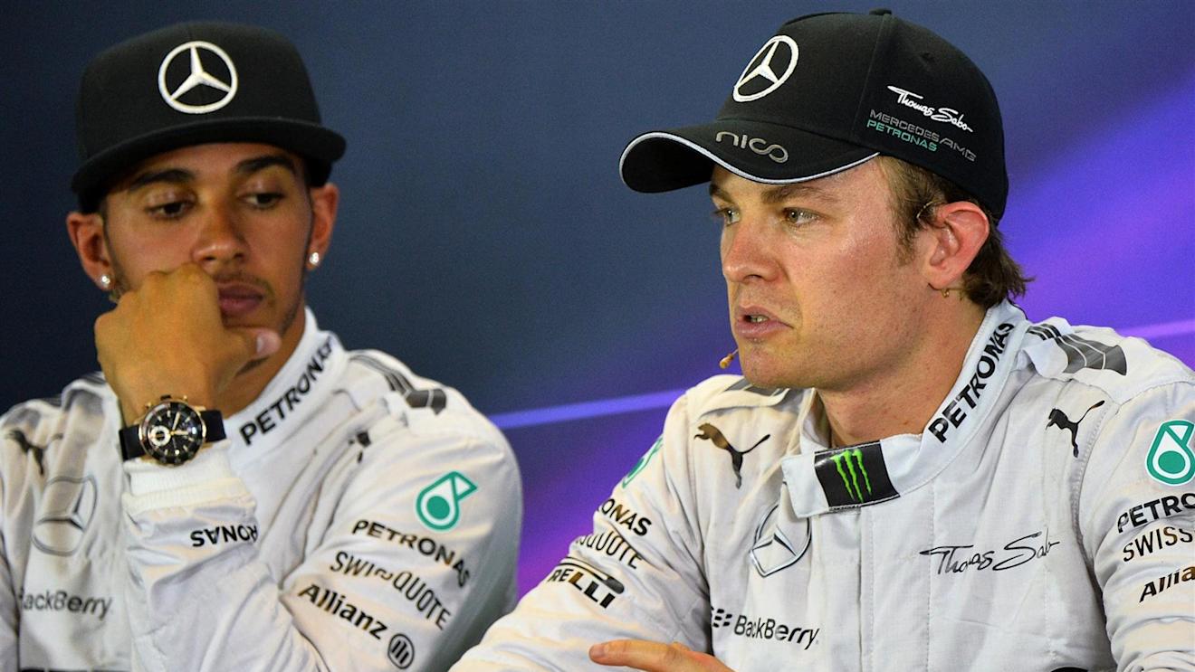 Pole sitter Lewis Hamilton (GBR) Mercedes AMG F1 and Nico Rosberg (GER) Mercedes AMG F1 in the Press Conference. Formula One World Championship, Rd1, Australian Grand Prix, Qualifying, Albert Park, Melbourne, Australia, Saturday, 15 March 2014. © Sutton Images