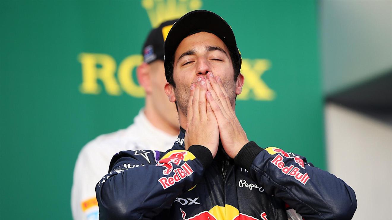 Daniel Ricciardo (AUS) Red Bull Racing celebrates his second place on the podium. Formula One World Championship, Rd1, Australian Grand Prix, Race, Albert Park, Melbourne, Australia, Sunday, 16 March 2014. © Sutton Images