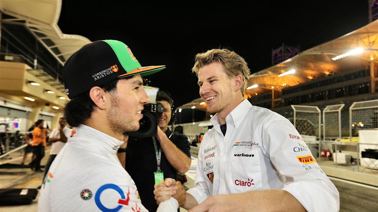 Sergio Perez (MEX) Force India celebrates with Nico Hulkenberg (GER) Force India F1. Formula One World Championship, Rd3, Bahrain Grand Prix, Race, Bahrain International Circuit, Sakhir, Bahrain, Sunday, 6 April 2014. © Sutton Images