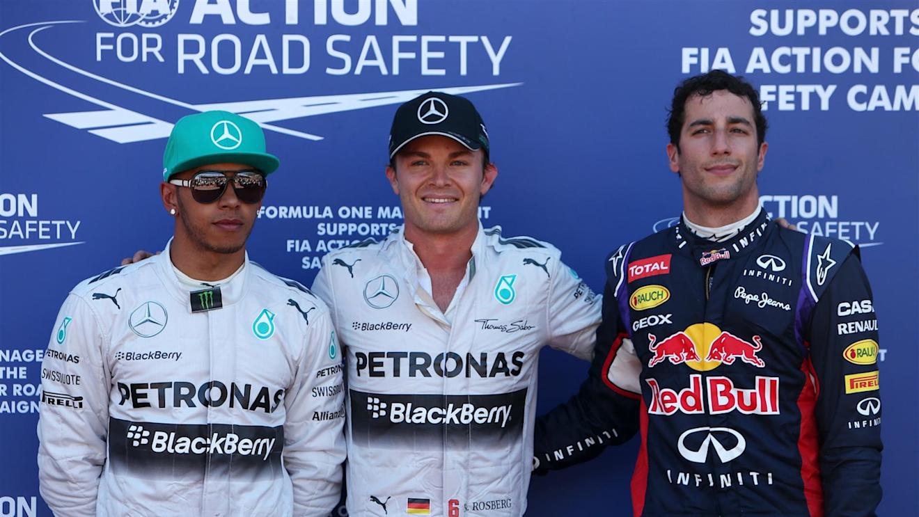 (L to R): Lewis Hamilton (GBR) Mercedes AMG F1, pole sitter Nico Rosberg (GER) Mercedes AMG F1 and Daniel Ricciardo (AUS) Red Bull Racing celebrate in parc ferme. Formula One World Championship, Rd6, Monaco Grand Prix, Qualifying, Monte-Carlo, Monaco, Saturday, 24 May 2014. © Sutton Images