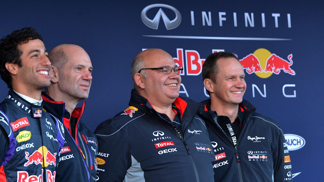 Red Bull Racing RB10 launch (L to R): Daniel Ricciardo (AUS) Red Bull Racing, Adrian Newey (GBR) Red Bull Racing Chief Technical Officer, Rob Marshall (GBR) Red Bull Racing Chief Designer and Paul Monaghan (GBR) Red Bull Racing Chief Engineer. Formula One Testing, Jerez, Spain, Day One, Tuesday 28 January 2014. © Sutton Images
