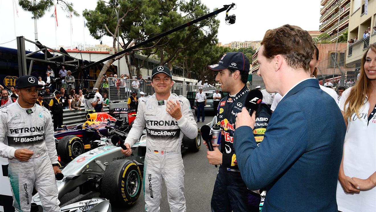 Lewis Hamilton (GBR) Mercedes AMG F1, Nico Rosberg (GER) Mercedes AMG F1, Daniel Ricciardo (AUS) Red Bull Racing and Benedict Cumberbatch (GBR) actor at the podium. Formula One World Championship, Rd6, Monaco Grand Prix, Race, Monte-Carlo, Monaco, Sunday, 25 May 2014. © Sutton Images