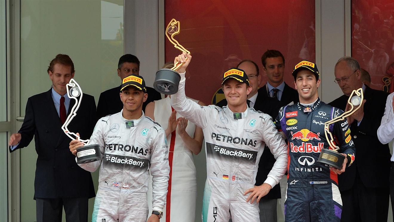 (L to R): Lewis Hamilton (GBR) Mercedes AMG F1, Nico Rosberg (GER) Mercedes AMG F1 and Daniel Ricciardo (AUS) Red Bull Racing celebrate on the podium. Formula One World Championship, Rd6, Monaco Grand Prix, Race, Monte-Carlo, Monaco, Sunday, 25 May 2014. © Sutton Images