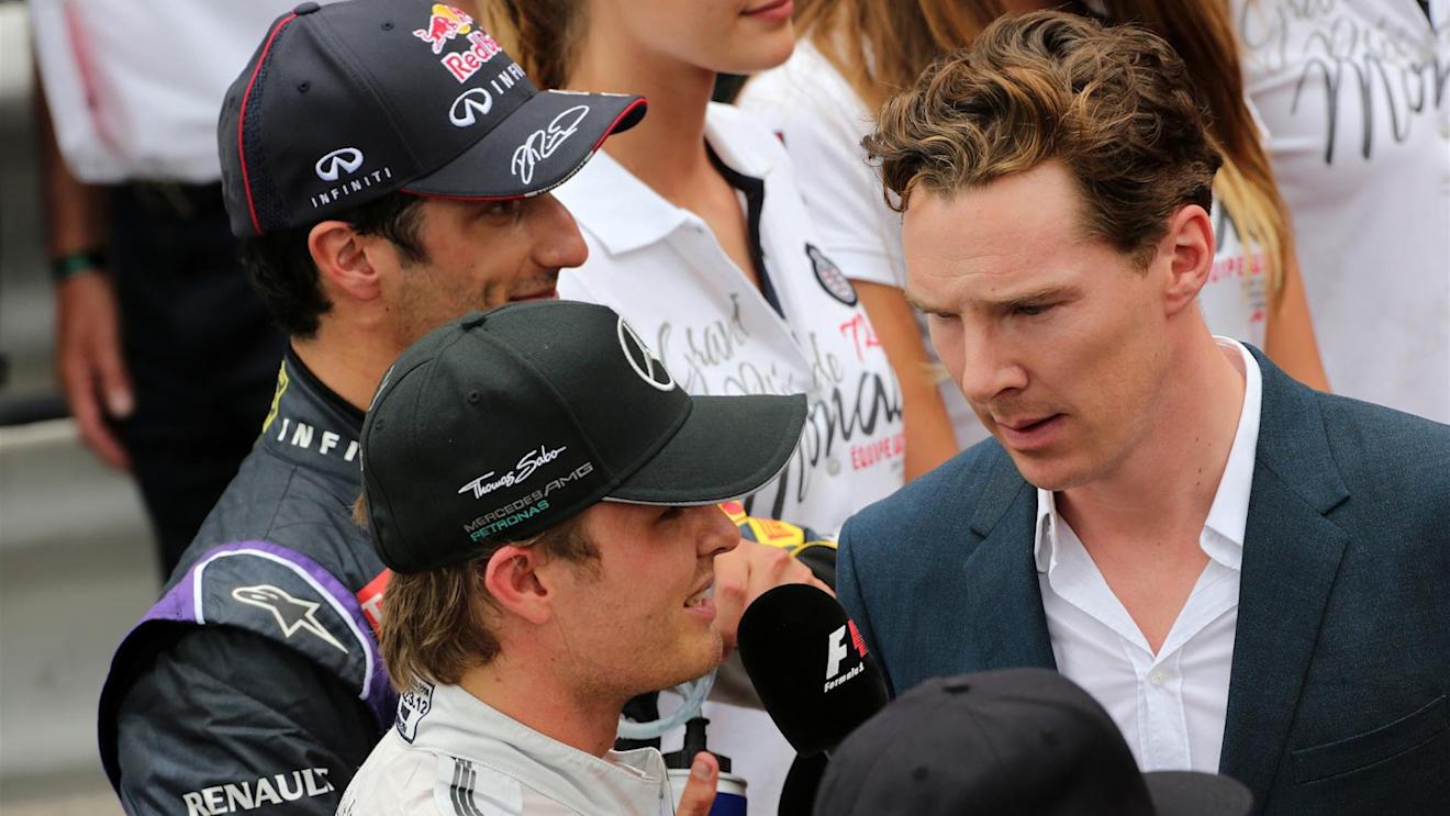 (L to R): Race winner Nico Rosberg (GER) Mercedes AMG F1 is interviewed by Benedict Cumberbatch (GBR) actor, after the podium ceremony. Formula One World Championship, Rd6, Monaco Grand Prix, Race, Monte-Carlo, Monaco, Sunday, 25 May 2014. © Sutton Images