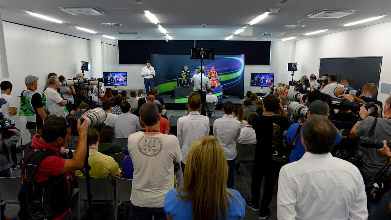 (L to R): Marcus Ericsson (SWE) Caterham, Esteban Gutierrez (MEX) Sauber, Max Chilton (GBR) Marussia F1 Team, Sergio Perez (MEX) Force India, Daniel Ricciardo (AUS) Red Bull Racing, and Fernando Alonso (ESP) Ferrari in the Press Conference. Formula One World Championship, Rd8, Austrian Grand Prix, Preparations, Spielberg, Austria, Thursday, 19 June 2014. © Sutton Images