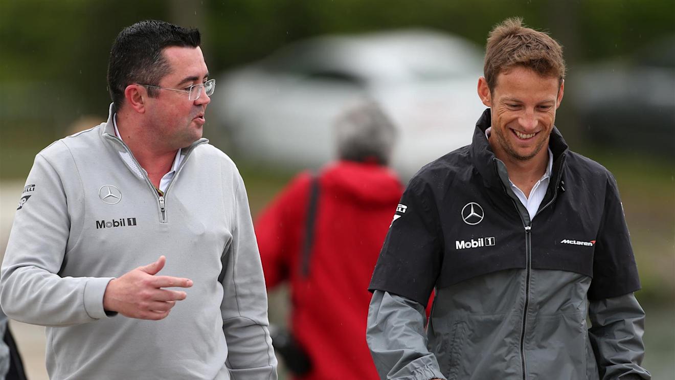 (L to R): Eric Boullier (FRA) McLaren Racing Director and Jenson Button (GBR) McLaren. Formula One World Championship, Rd7, Canadian Grand Prix, Practice, Montreal, Canada, Friday, 6 June 2014. © Sutton Images
