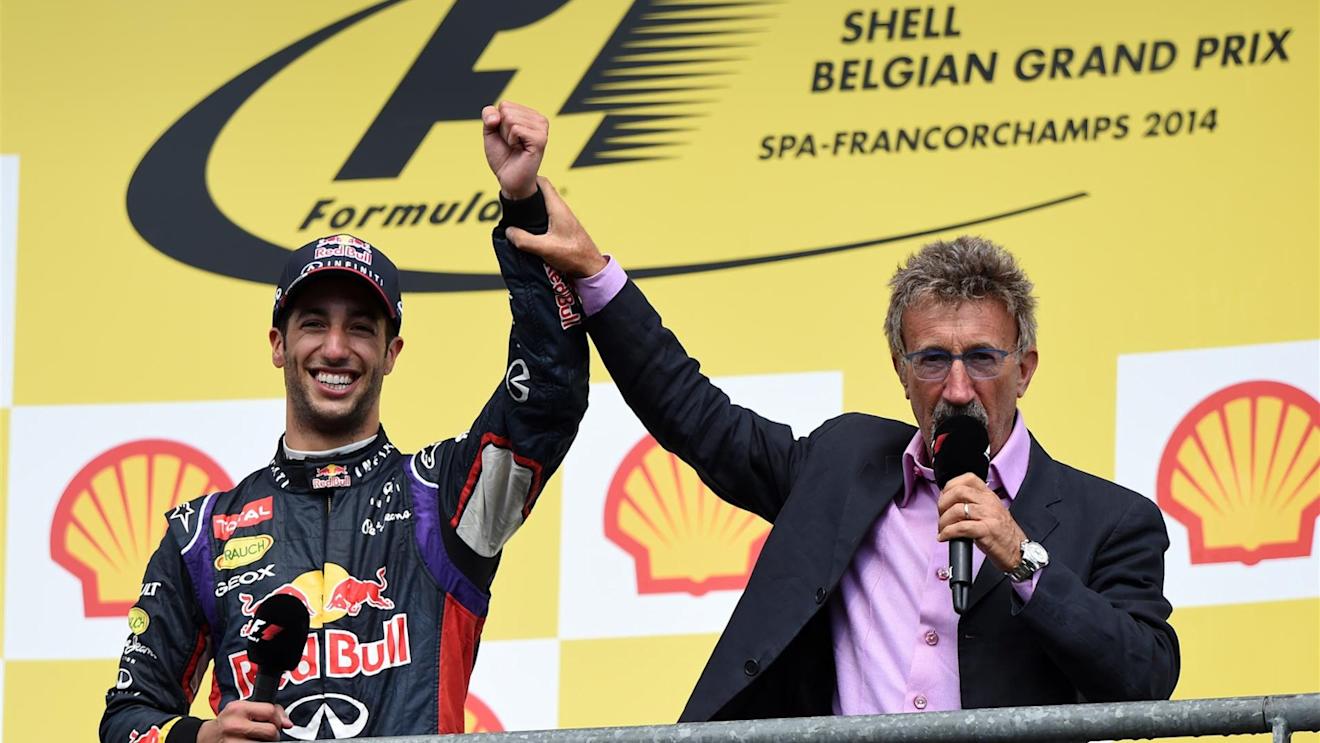 Race winner Daniel Ricciardo (AUS) Red Bull Racing celebrates on the podium WITH Eddie Jordan (IRE) BBC Television Pundit. Formula One World Championship, Rd12, Belgian Grand Prix, Race Day, Spa-Francorchamps, Belgium, Sunday, 24 August 2014. © Sutton Images