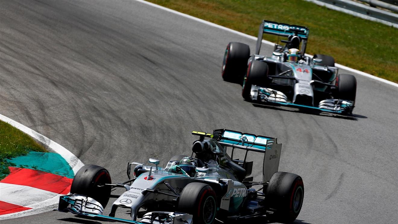 Nico Rosberg (GER) Mercedes AMG F1 W05 leads Lewis Hamilton (GBR) Mercedes AMG F1 W05. Formula One World Championship, Rd8, Austrian Grand Prix, Race, Spielberg, Austria, Sunday, 22 June 2014. © Sutton Images