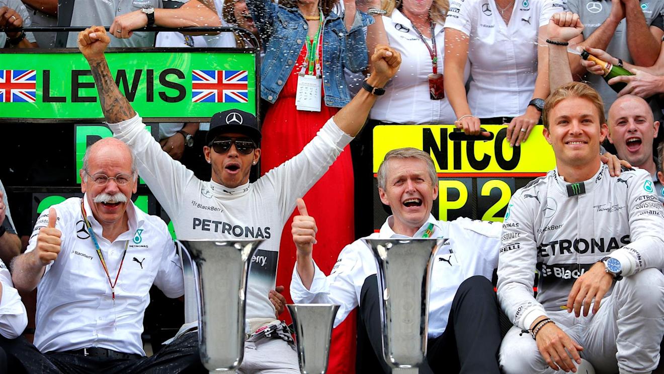 Mercedes AMG F1 celebrate victory for Lewis Hamilton (GBR) Mercedes AMG F1 and second place for Nico Rosberg (GER) Mercedes AMG F1. Formula One World Championship, Rd5, Spanish Grand Prix, Race, Barcelona, Spain, Sunday, 11 May 2014. © Sutton Images