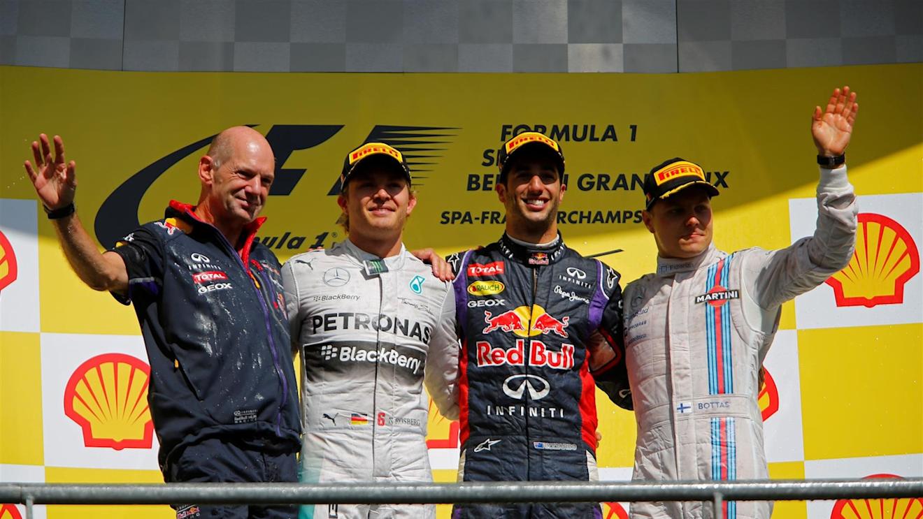 Podium (L to R): Adrian Newey (GBR) Red Bull Racing Chief Technical Officer, Nico Rosberg (GER) Mercedes AMG F1, race winner Daniel Ricciardo (AUS) Red Bull Racing and Valtteri Bottas (FIN) Williams celebrate. Formula One World Championship, Rd12, Belgian Grand Prix, Race Day, Spa-Francorchamps, Belgium, Sunday, 24 August 2014. © Sutton Images