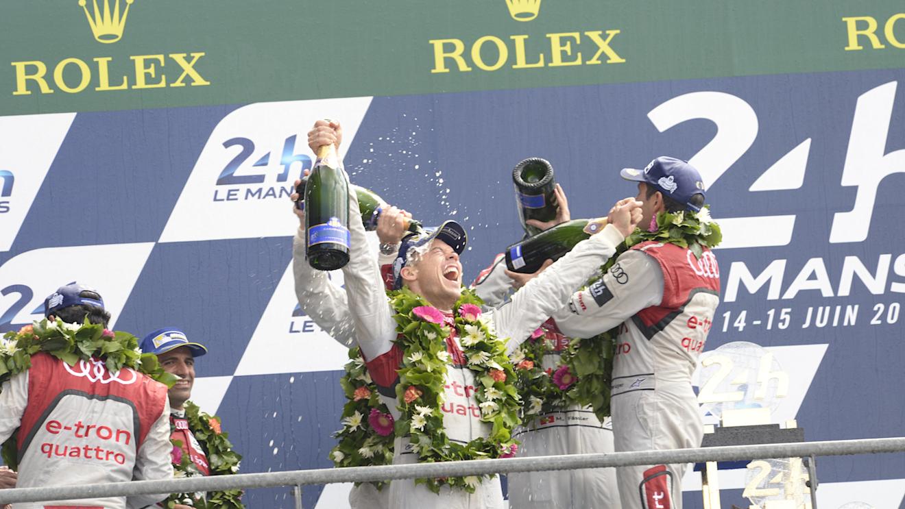 2014 Le Mans 24 Hours. Circuit de la Sarthe, Le Mans, France. Sunday 15 June 2014. Marcel Fassler (CHE), Andre Lotterer (DEU), Benoit Treluyer (FRA) - Audi Sport Team Joest, Audi R18 e-tron Quattro, win the Le Mans 24 Hours. © LAT Photographic