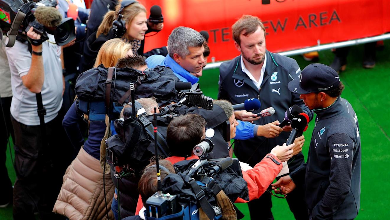 Lewis Hamilton (GBR) Mercedes AMG F1 talks with the media. Formula One World Championship, Rd12, Belgian Grand Prix, Race Day, Spa-Francorchamps, Belgium, Sunday, 24 August 2014. © Sutton Images