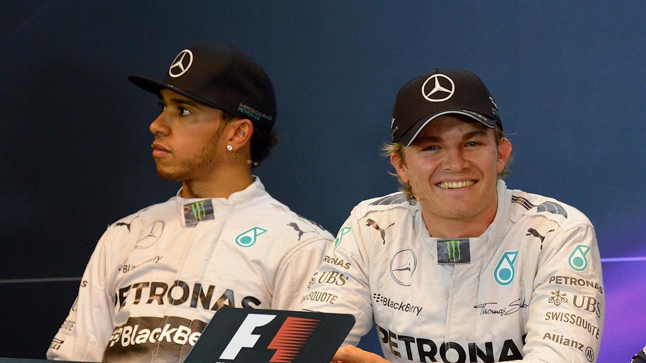 (L to R): Lewis Hamilton (GBR) Mercedes AMG F1 (2nd) and Nico Rosberg (GER) Mercedes AMG F1 (pole position) in the post qualifying Press Conference. Formula One World Championship, Rd12, Belgian Grand Prix, Qualifying, Spa-Francorchamps, Belgium, Saturday, 23 August 2014. © Sutton Images