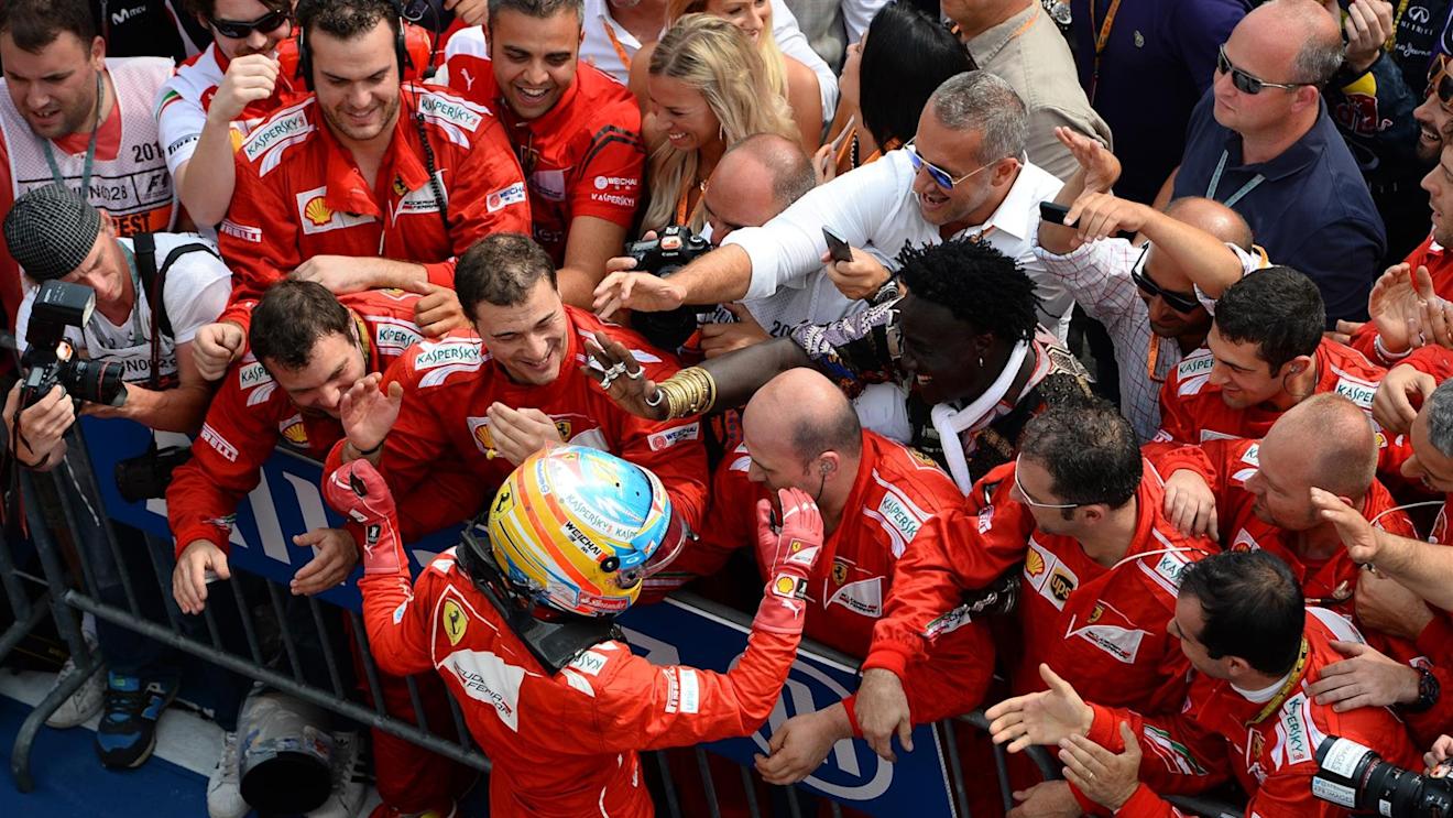 Fernando Alonso (ESP) Ferrari celebrates in parc ferme. Formula One World Championship, Rd11, Hungarian Grand Prix, Race Day, Hungaroring, Hungary. Sunday, 27 July 2014