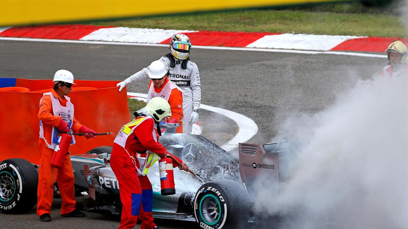 Lewis Hamilton (GBR) Mercedes AMG F1 W05 with a fire in Q1. Formula One World Championship, Rd11, Hungarian Grand Prix, Qualifying, Hungaroring, Hungary. Saturday, 26 July 2014