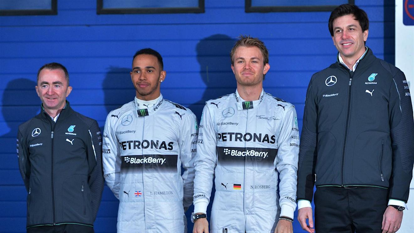 (L to R): Paddy Lowe (GBR) Mercedes AMG F1 Executive Director (Technical), Lewis Hamilton (GBR) Mercedes AMG F1, Nico Rosberg (GER) Mercedes AMG F1 and Toto Wolff (AUT) Mercedes AMG F1 Director of Motorsport. Formula One Testing, Jerez, Spain, Day One, Tuesday, 28 January 2014