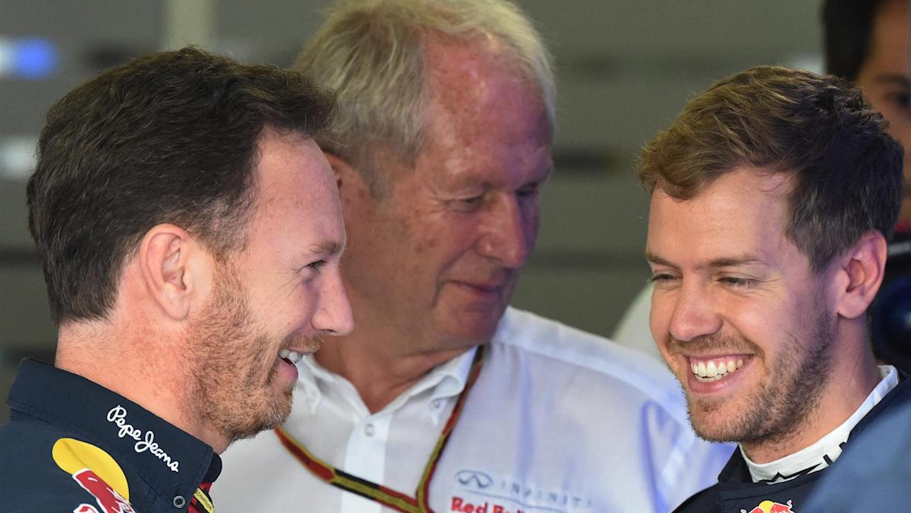 (L to R): Christian Horner (GBR) Red Bull Racing Team Principal, Dr Helmut Marko (AUT) Red Bull Motorsport Consultant and Sebastian Vettel (GER) Red Bull Racing. Formula One World Championship, Rd15, Japanese Grand Prix, Qualifying, Suzuka, Japan, Saturday, 4 October 2014