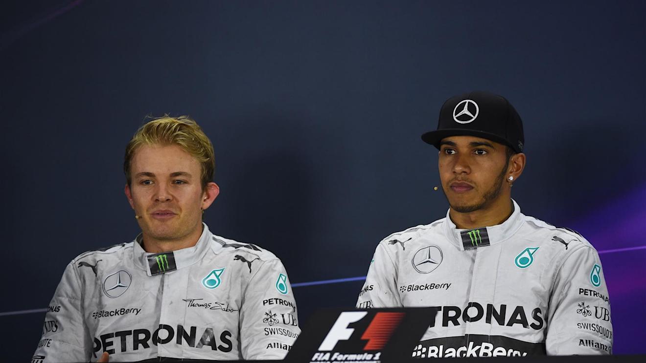 Press Conference and results: 1st Lewis Hamilton (GBR) Mercedes AMG F1, right. 2nd Nico Rosberg (GER) Mercedes AMG F1, left. Formula One World Championship, Rd16, Russian Grand Prix, Race, Sochi Autodrom, Sochi, Krasnodar Krai, Russia, Sunday, 12 October 2014