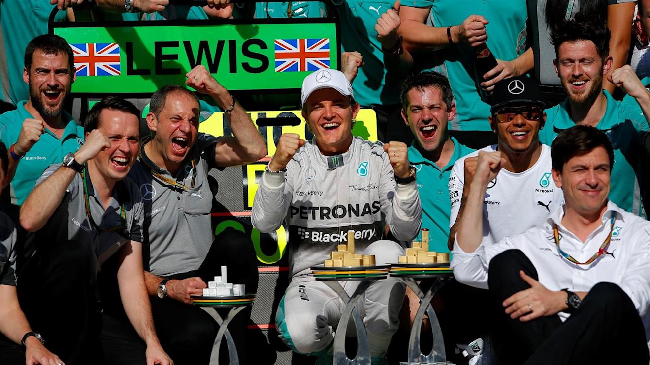 Race winner Nico Rosberg (GER) Mercedes AMG F1 celebrates with second placed Lewis Hamilton (GBR) Mercedes AMG F1, Toto Wolff (AUT) Mercedes AMG F1 Director of Motorsport and the team. Formula One World Championship, Rd18, Brazilian Grand Prix, Race, Sao Paulo, Brazil, Sunday, 9 November 2014