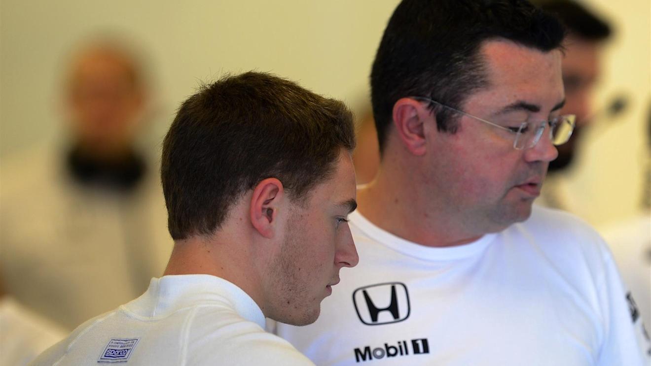 Stoffel Vandoorne (BEL) McLaren and Eric Boullier (FRA) McLaren Racing Director. Formula One Testing, Yas Marina Circuit, Abu Dhabi, UAE, Tuesday, 25 November 2014