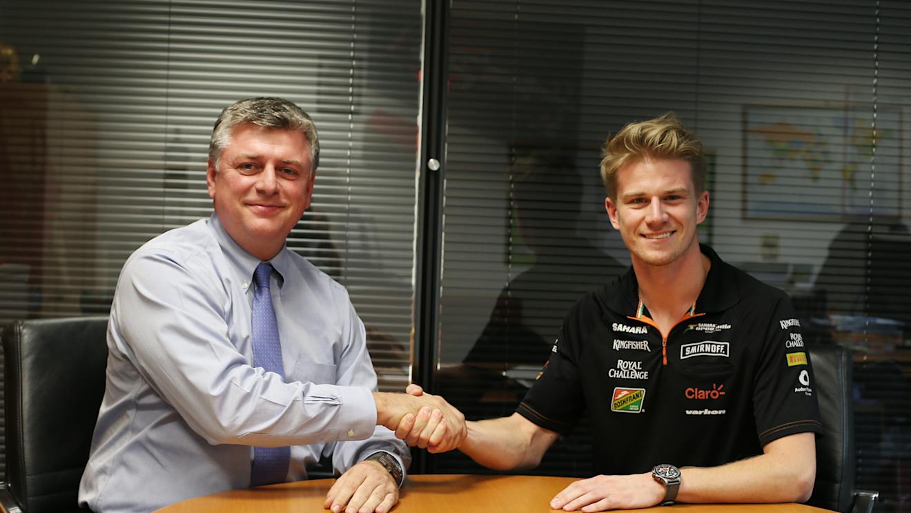 Force India's Nico Hulkenberg (right) with team COO Otmar Szafnauer © Sahara Force India Formula One Team