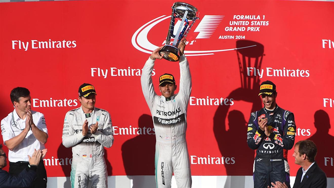 Podium and results: 1st Lewis Hamilton (GBR) Mercedes AMG F1, centre. 2nd Nico Rosberg (GER) Mercedes AMG F1,left. 3rd Daniel Ricciardo (AUS) Red Bull Racing, right.# Rob Thomas (GBR) Mercedes AMG F1 Operations and Quality Director MHPE, far left. Formula One World Championship, Rd17, United States Grand Prix, Race, Austin, Texas, USA, Sunday, 2 November 2014