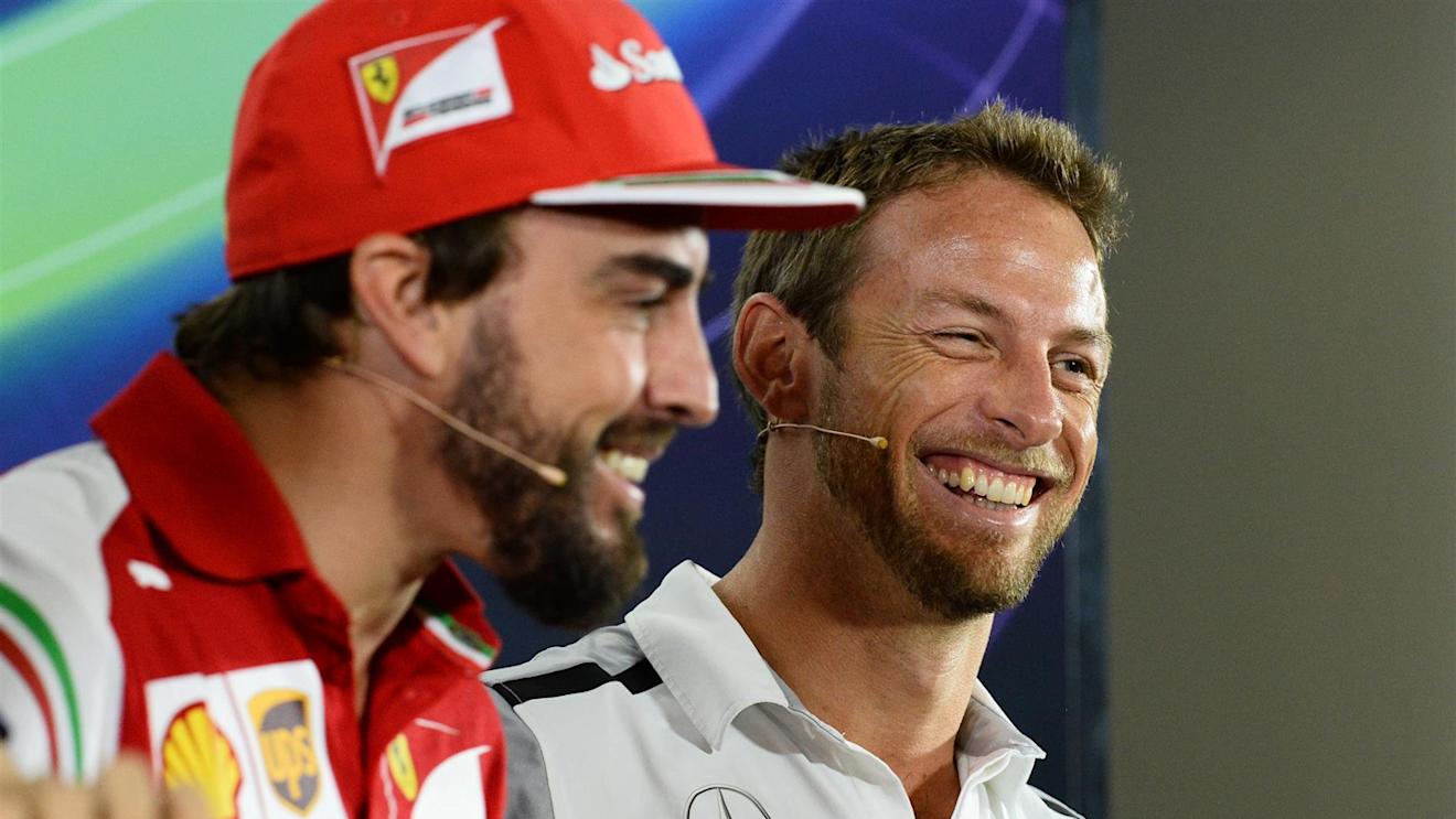 Fernando Alonso (ESP) Ferrari and Jenson Button (GBR) McLaren in the Press Conference. Formula One World Championship, Rd19, Abu Dhabi Grand Prix, Preparations, Yas Marina Circuit, Abu Dhabi, UAE, Thursday, 20 November 2014 © Sutton Images. No reproduction without permission
