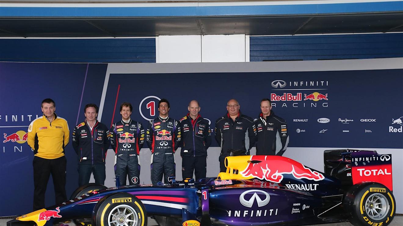 (L to R): Rob White (GBR) Renault Sport, Christian Horner (GBR) Red Bull Racing Team Principal, Sebastian Vettel (GER) Red Bull Racing, Daniel Ricciardo (AUS) Red Bull Racing, Adrian Newey (GBR) Red Bull Racing Chief Technical Officer, Rob Marshall (GBR) Red Bull Racing Chief Designer and Paul Monaghan (GBR) Red Bull Racing Chief Engineer with the new Red Bull Racing RB10. Formula One Testing, Jerez, Spain, Day One, Tuesday, 28 January 2014