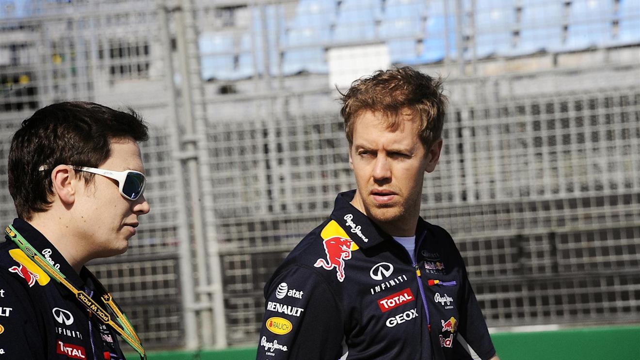 Sebastian Vettel (GER) Red Bull Racing walks the track with Tim Malyon (GBR) Red Bull Racing Performance Engineer. Formula One World Championship, Rd1, Australian Grand Prix, Preparations, Albert Park, Melbourne, Australia, Wednesday, 12 March 2014