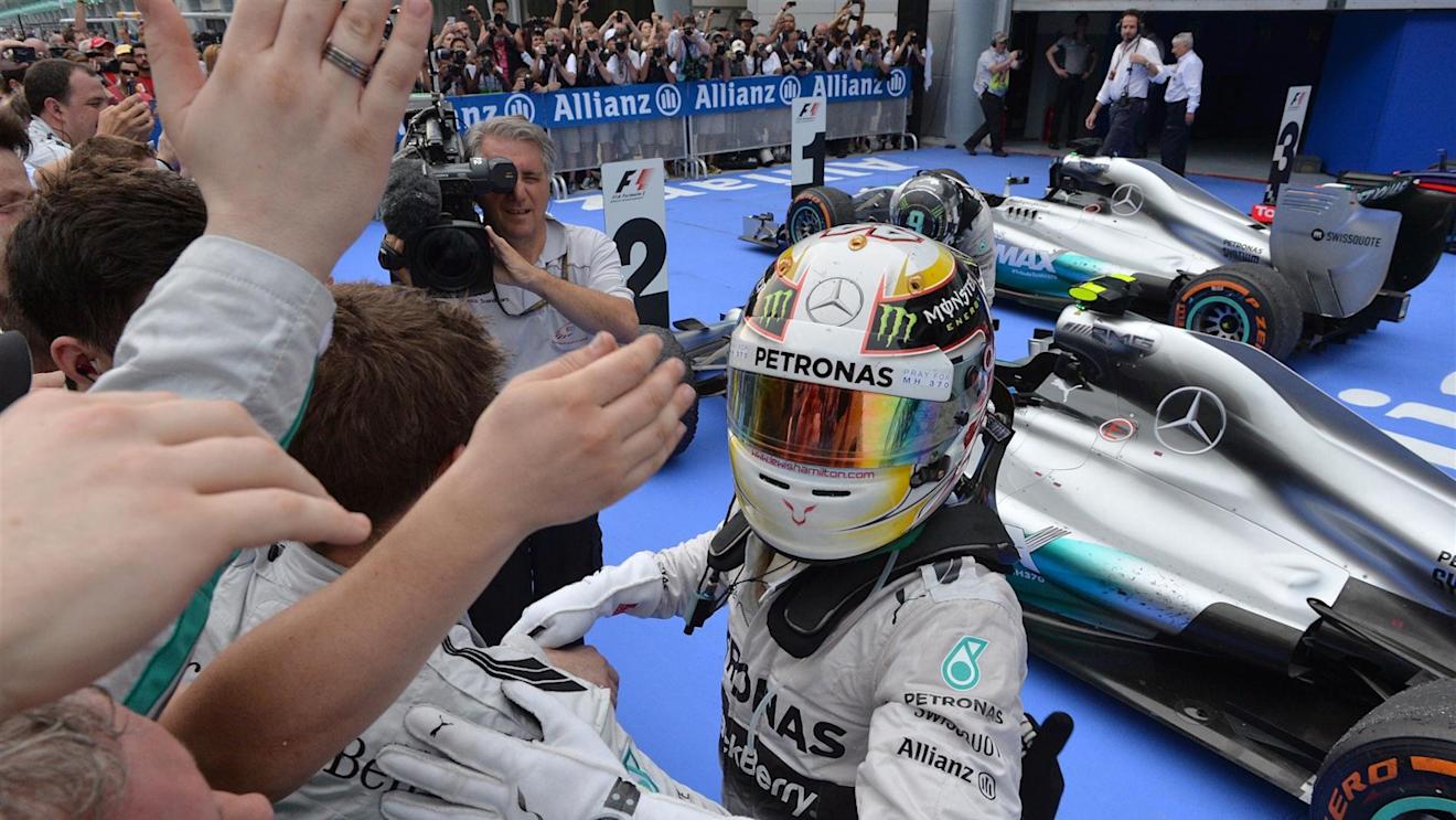 Race winner Lewis Hamilton (GBR) Mercedes AMG F1 celebrates in parc ferme. Formula One World Championship, Rd2, Malaysian Grand Prix, Race, Sepang, Malaysia, Sunday, 30 March 2014