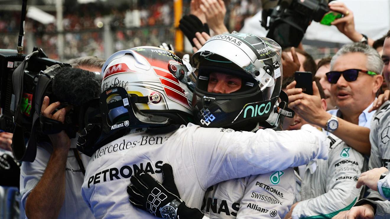 Race winner Lewis Hamilton (GBR) Mercedes AMG F1 and second placed Nico Rosberg (GER) Mercedes AMG F1 celebrate in parc ferme. Formula One World Championship, Rd2, Malaysian Grand Prix, Race, Sepang, Malaysia, Sunday, 30 March 2014