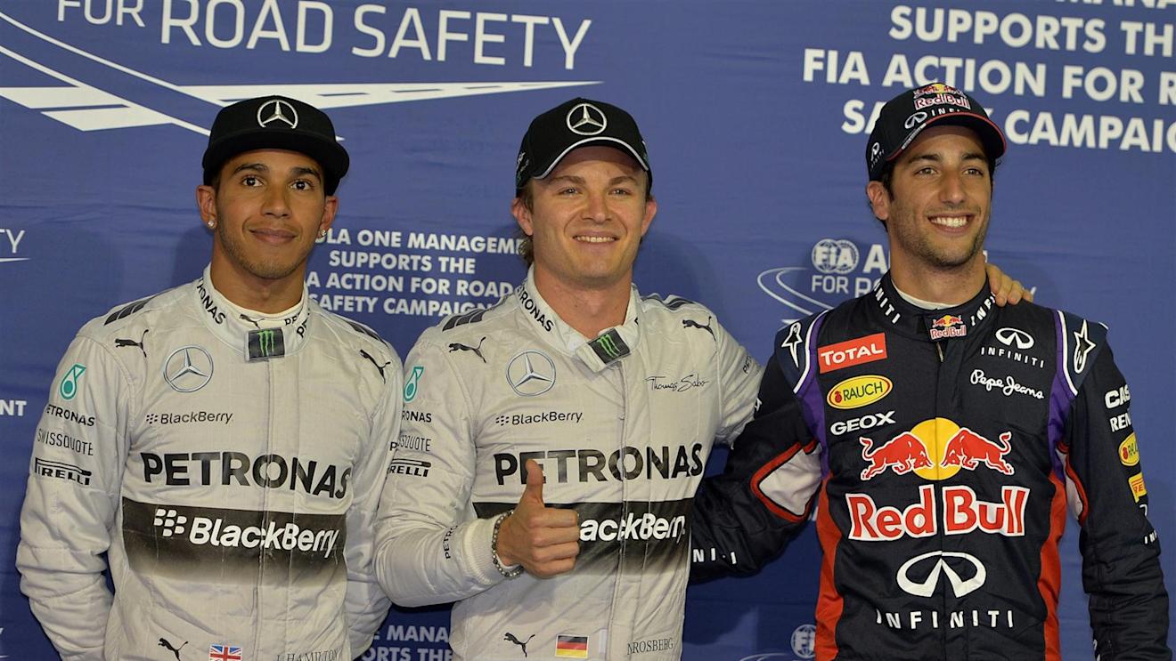 (L to R): Lewis Hamilton (GBR) Mercedes AMG F1, pole sitter Nico Rosberg (GER) Mercedes AMG F1 and Daniel Ricciardo (AUS) Red Bull Racing celebrate in parc ferme. Formula One World Championship, Rd3, Bahrain Grand Prix, Qualifying, Bahrain International Circuit, Sakhir, Bahrain, Saturday, 5 April 2014