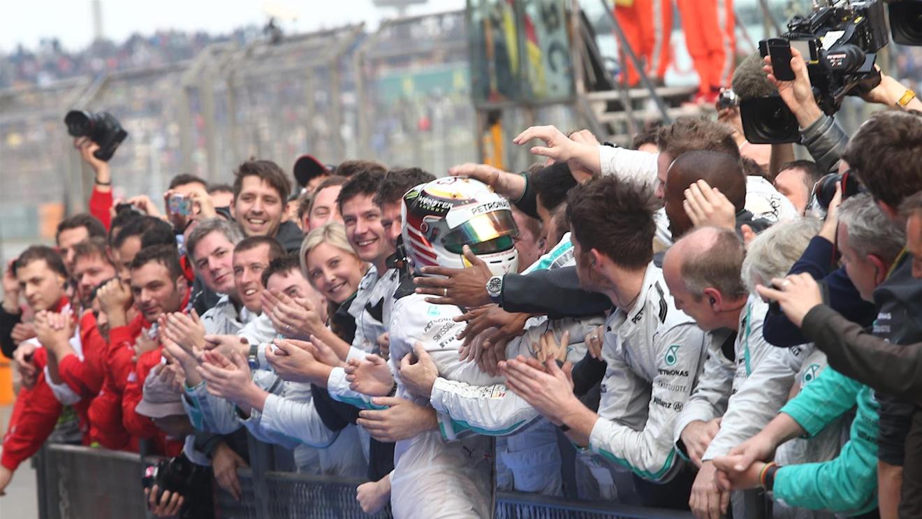 Race winner Lewis Hamilton (GBR) Mercedes AMG F1 celebrates with his team in parc ferme. Formula One World Championship, Rd4, Chinese Grand Prix, Race, Shanghai, China, Sunday, 20 April 2014