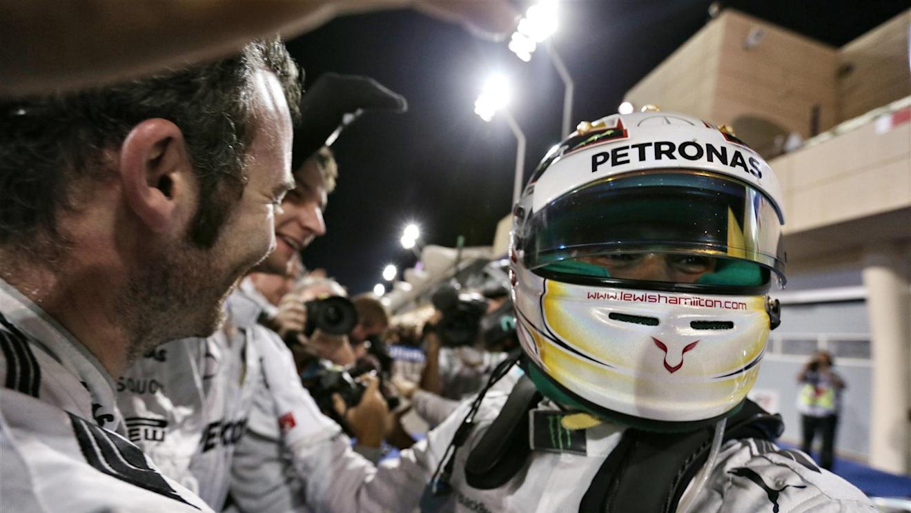 Race winner Lewis Hamilton (GBR) Mercedes AMG F1 celebrates in parc ferme. Formula One World Championship, Rd3, Bahrain Grand Prix, Race, Bahrain International Circuit, Sakhir, Bahrain, Sunday, 6 April 2014