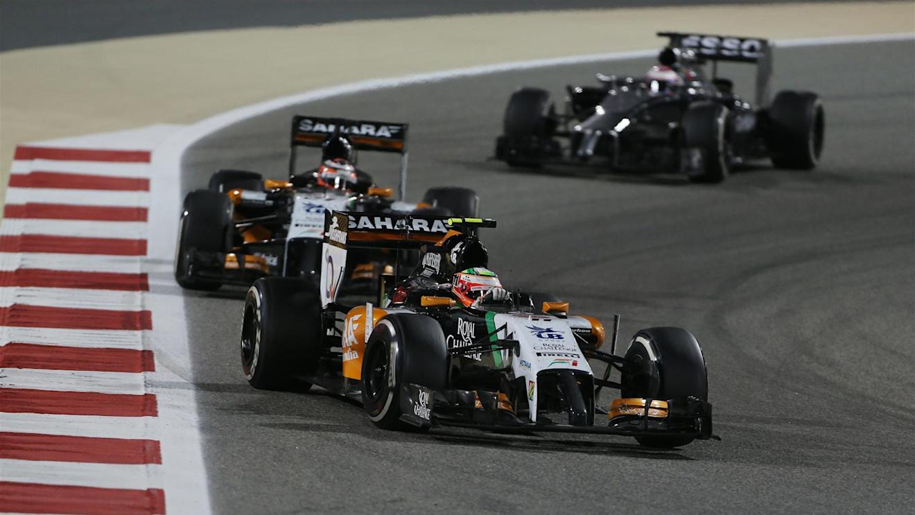 Sergio Perez (MEX) Force India VJM07 leads Nico Hulkenberg (GER) Force India VJM07. Formula One World Championship, Rd3, Bahrain Grand Prix, Race, Bahrain International Circuit, Sakhir, Bahrain, Sunday, 6 April 2014
